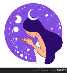 Woman surrounded by crescent and full moon and stars. Isolated personage with long hair. Brunette with moonshine. Witchcraft and astrological knowledge, bohemia and spiritual. Vector in flat style. Moon girl, female character in galaxy outer space