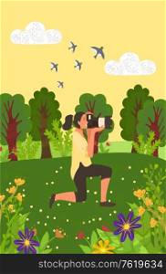 Woman surrounded by nature vector, photographer taking photo of bushes and trees. Greenery of natural landscapes, flying birds and blooming flowers. Woman Taking Photos of Nature, Meadows Pictures