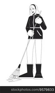 Woman sweeping litter flat line black white vector character. Cleaning floor. Volunteering. Editable outline full body person. Simple cartoon isolated spot illustration for web graphic design. Woman sweeping litter flat line black white vector character