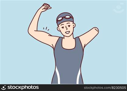 Woman swimmer with one arm demonstrates strength by raising fist and showing biceps as sign of victory in competition. Happy disabled girl dressed in swimsuit and swimming cap. Flat vector image. Woman swimmer with one arm showing strength by showing biceps as sign of victory. Vector image