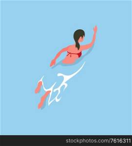 Woman swimming butterfly in blue water. Vector sportsman girl on training, athletic lady in swimsuit, summertime sport activities, freestyle swimmer on rest. Woman Swimming Butterfly in Blue Water. Vector