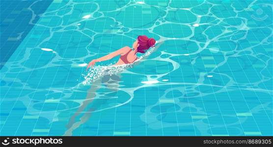 Woman swimming in pool top view, young sexy girl relaxing in spa gushing through blue clear water over tiled floor. Slim female character in bikini wellness, swim exercises Cartoon vector illustration. Woman swimming in pool top view, young girl swim