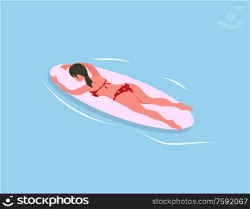 Woman swimming on surfboard isolated on blue sea waters. Vector surfboarder relaxing on summer resort, extreme sport and cartoon character in bikini, back view. Woman Swimming on Surfboard Isolated in Sea Waters
