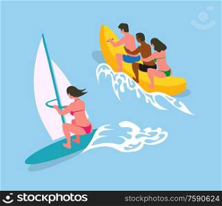 Woman swimming on surfboard with canvas in blue sea waters. People ride on banana boat. Vector cartoon character in bikini suit on summer rest, back view. Woman Swimming on Surfboard People on Banana