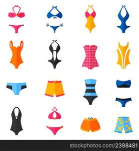 Woman swimwear and swim suits flat icons set isolated vector illustration. Swimwear Flat Icons Set