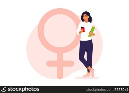 Woman symbol. A woman stands next to a gender icon. Vector illustration. Flat.
