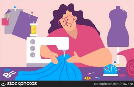 Woman tailor sewing factory shop and craft cloth machine. Female character worker textile vector illustration concept. Business atelier master and clothe garment workplace. Sew clothing on mannequin