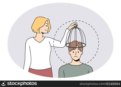 Woman take cage from man head free his mind to new ideas and knowledge. Concept of brain free from imprisonment. Creative thinking and unlock potential. Vector illustration.. Woman take cage of imprisoned person mind