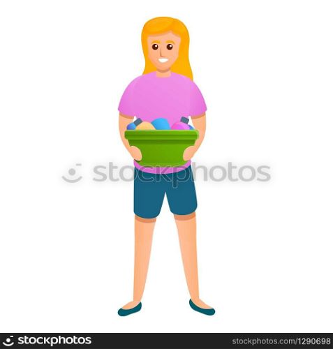 Woman take cleaner basin icon. Cartoon of woman take cleaner basin vector icon for web design isolated on white background. Woman take cleaner basin icon, cartoon style