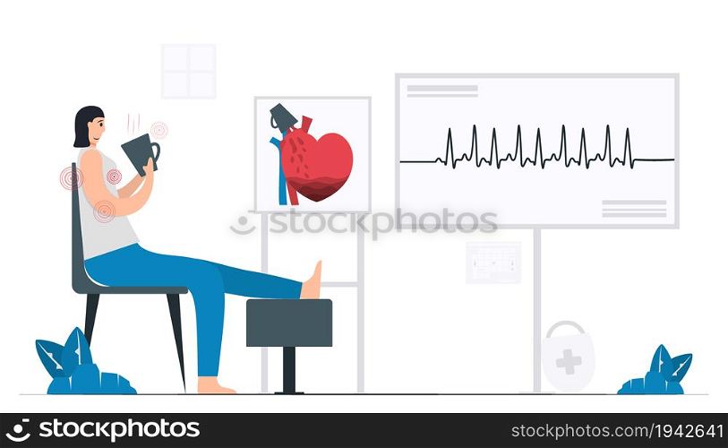 Woman takes coffee too much. It can be occurred heart disease problem that called tachycardia arrhythmia. Periodic signal is fast impulse response because. Cardiology vector illustration.