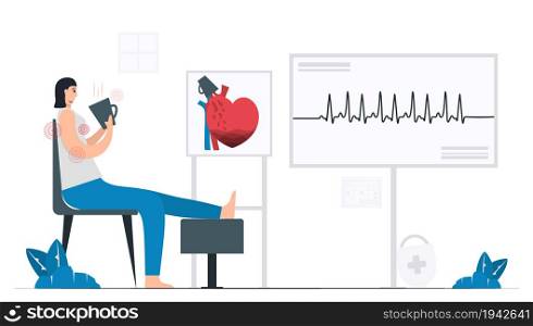 Woman takes coffee too much. It can be occurred heart disease problem that called tachycardia arrhythmia. Periodic signal is fast impulse response because. Cardiology vector illustration.