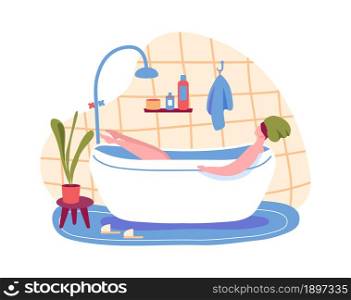 Woman taking bath, relax and enjoy after work day. Illustration of girl relax in bathroom, woman in spa, care body with foam and soap vector. Woman taking bath, relax and enjoy after work day