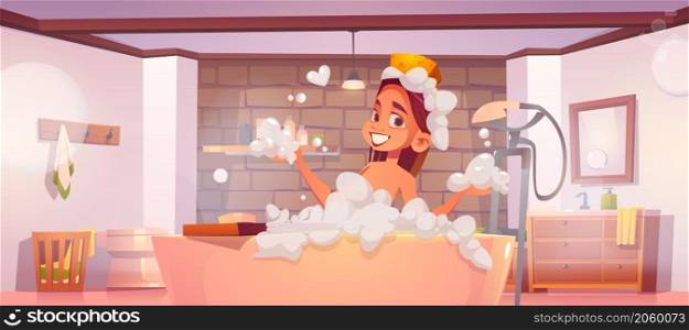 Woman taking bath with foam. Vector cartoon illustration of girl relax in tub with bubbles. Bathroom interior with shower, mirror and female character with sponge and soap suds on head. Woman taking bath with foam in bathroom
