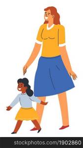 Woman taking care of small child, nanny or babysitter walking with girl. Isolated female character, mother with daughter or aunt with niece. Teacher or tutor in kindergarten. Vector in flat style. Kindergarten teacher watching after small girl kid