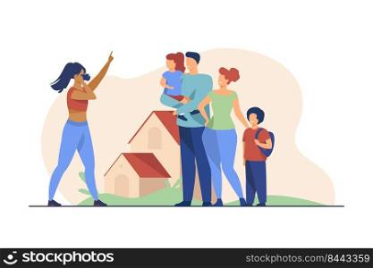Woman taking photo of happy family. Kid, house, parent flat vector illustration. Happiness and togetherness concept for banner, website design or landing web page