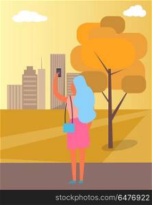 Woman Taking Picture of City Vector Illustration. Woman taking picture of autumnal city which includes buildings and trees, sunset and sky and taking some selfies in park vector illustration