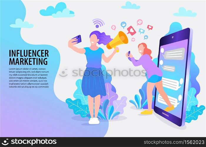 Woman taking pictures of themselves with mobile phones, Social influencer concept. Media content to grab like from social audience Design.