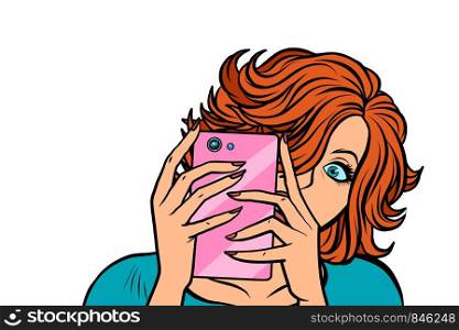 woman taking pictures with a smartphone. Pop art retro vector illustration drawing. woman taking pictures with a smartphone