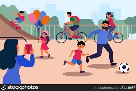 Woman taking selfie of her family having fun on playground. Man playing football with his son outdoors flat vector illustration. Family leisure concept for banner, website design or landing web page