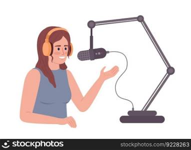 Woman talking into adjustable microphone stand semi flat color vector character. Editable figure. Half body person on white. Simple cartoon style spot illustration for web graphic design and animation. Woman talking into adjustable microphone stand semi flat color vector character