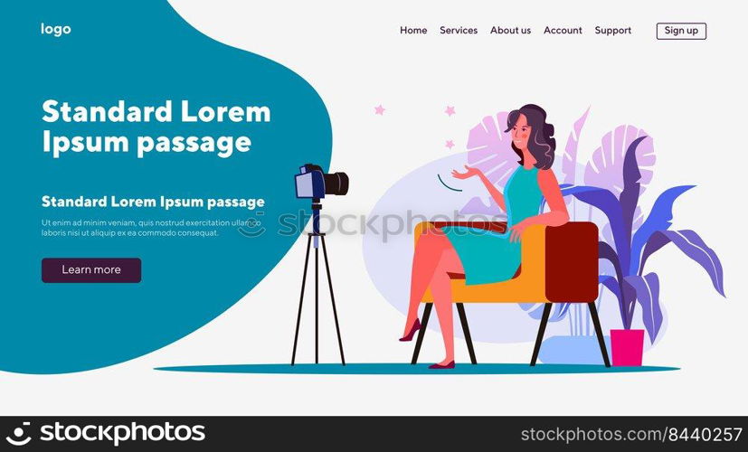 Woman talking on camera. Sitting female blogger recording speech flat vector illustration. Video blogging, TV broadcasting concept for banner, website design or landing web page. Woman talking on camera