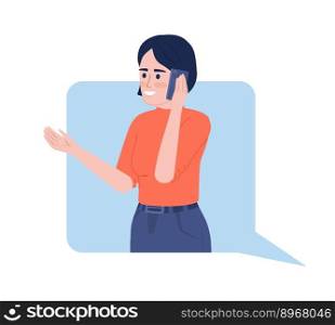 Woman talking on phone flat concept vector illustration. Lady in speech bubble. Editable 2D cartoon character on white for web design. Asking over phone creative idea for website, mobile, presentation. Woman talking on phone flat concept vector illustration