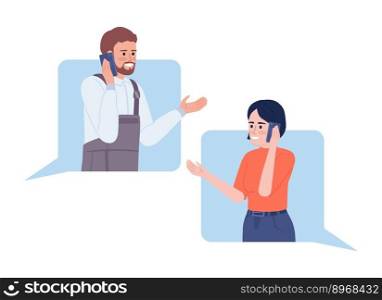 Woman talking over phone with technician flat concept vector illustration. Editable 2D cartoon characters on white for web design. Calling for service creative idea for website, mobile, presentation. Woman talking over phone with technician flat concept vector illustration