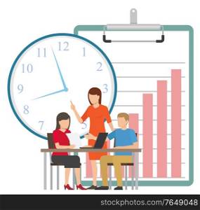 Woman talking to colleagues and pointing at big clock hanging on wall. People working with computer. Teamwork and company time management concept vector. Teamwork, Planning and Company Time Management