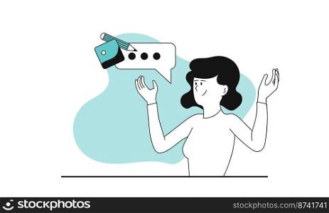 Woman talking vector concept illustration. Young character chatting and conversation. Social speak and dialog businesswoman banner. Cartoon girl and society dialogue communication teenager