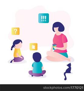 Woman talking with kids. Teacher communicate children. Education process. Relationship concept. People characters in trendy style. People are sitting on floor. Flat vector illustration. Woman talking with kids. Teacher communicate children. Education process. Relationship concept.