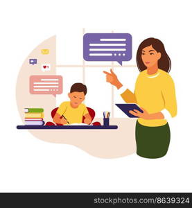 Woman teacher teaches the boy at home or school. Conceptual illustration for school, education and homeschooling.Teacher helping boy with homework. Flat style vector illustration.