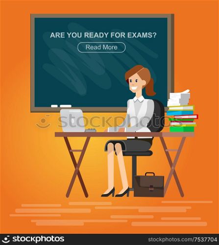 Woman teacher tutor at the desk in the classroom. Flat illustration. Vector detailed character woman teacher
