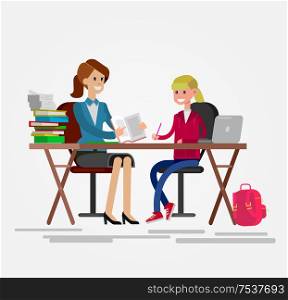 Woman teacher tutor tutoring girl kid at home. Mother helping daughter with homework. Flat style vector illustration isolated on white background.. Vector detailed character woman teacher