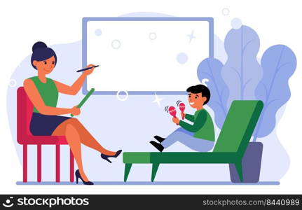 Woman teaching boy with maracas. Playing musical instrument, class, lesson flat vector illustration. Music teacher, education concept for banner, website design or landing web page