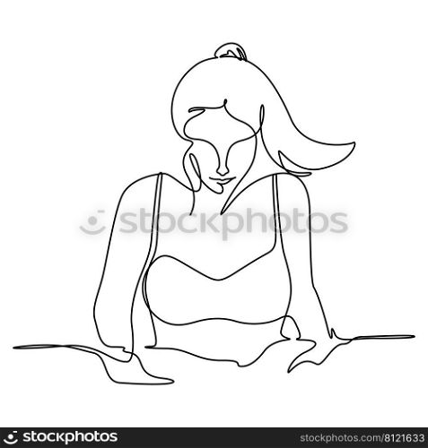 woman teenager in swimming pool contour line art illustration. One line drawing and continuous line vector.