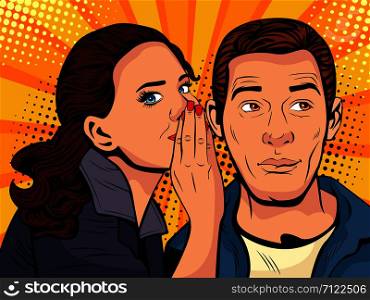 Woman telling secret to man. Gossip and rumors talks. Vector illustration in retro comic style.