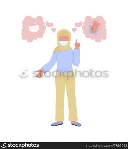 Woman tells about personal hygiene rules semi flat color vector character. Full body person on white. Measures during covid isolated modern cartoon style illustration for graphic design and animation. Woman tells about personal hygiene rules semi flat color vector character