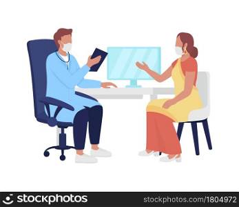 Woman tells doctor about health issues semi flat color vector characters. Full body people on white. Physician appointment isolated modern cartoon style illustration for graphic design and animation. Woman tells doctor about health issues semi flat color vector characters