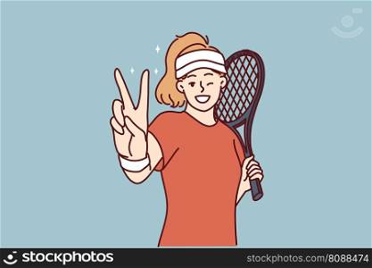 Woman tennis player demonstrates victory gesture before tournament or ch&ionship against professional opponent. Girl with tennis racket stands on court playing sports leads healthy lifestyle . Woman tennis player demonstrates victory gesture before tournament or ch&ionship