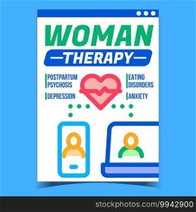 Woman Therapy Creative Promotional Poster Vector. Postpartum Psychosis And Depression, Eating Disorders And Anxiety Woman Disease Advertising Banner. Concept Template Style Color Illustration. Woman Therapy Creative Promotional Poster Vector