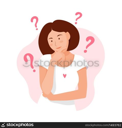Woman thinks. Question. Thinking girl concept. Think about problems, finance, life, relationship etc. Girl solves a problem. Mom doubts. Cartoon thinking woman with question marks. Vector Flat style. Woman thinks. Question. Thinking girl concept. Girl solves a problem. Cartoon thinking woman with question marks. Vector