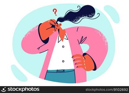 Woman thought scratching head reflecting on question or remembering necessary information and making difficult decision. Woman thought about getting education and new knowledge for career development . Woman thought scratching head reflecting on question or remembering necessary information