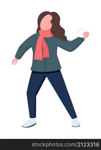 Woman throw snowball semi flat color vector character. Dynamic figure. Full body person on white. Winter activity isolated modern cartoon style illustration for graphic design and animation. Woman throw snowball semi flat color vector character