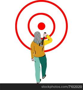 Woman throwing axe in the target. Isolated on white background. Business tarhet concept. . Woman throwing axe in the target.