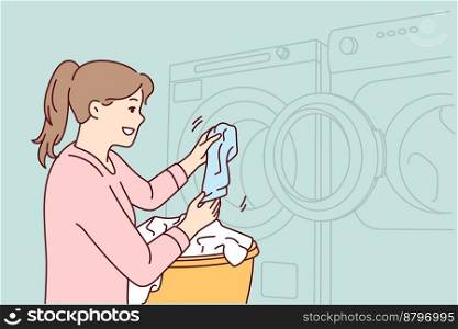 Woman throws dirty laundry into washing machine to make laundry fresh and smell good. Girl using laundromat stands with basket filled with soiled everyday things. Flat vector image. Woman throws dirty laundry into washing machine to make laundry fresh and smell good. Vector image