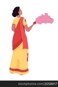 Woman throws pink paint semi flat color vector character. Standing figure. Full body person on white. Happy Holi isolated modern cartoon style illustration for graphic design and animation. Woman throws pink paint semi flat color vector character