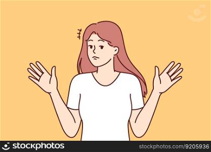 Woman throws up hands, denying involvement in problem or demonstrating ignorance of answers to question asked. Girl raises hands, denying presence of trouble and being in confusion or uncertainty. Woman throws up hands, denying involvement in problem or demonstrating ignorance of answers