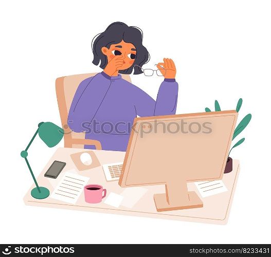Woman tired eyes, computer irritated eye. Office manager, young girl work or study. Tired student, working at home and fatigue, snugly vector cartoon character tired eye from screen illustration. Woman tired eyes, computer irritated eye. Office manager, young girl work or study. Tired student, working at home and fatigue, snugly vector cartoon character