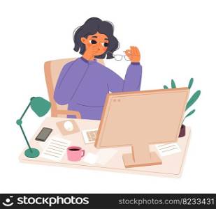 Woman tired eyes, computer irritated eye. Office manager, young girl work or study. Tired student, working at home and fatigue, snugly vector cartoon character tired eye from screen illustration. Woman tired eyes, computer irritated eye. Office manager, young girl work or study. Tired student, working at home and fatigue, snugly vector cartoon character