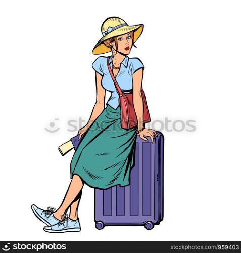 woman tourist sitting on a travel suitcase. Pop art retro vector illustration drawing. woman tourist sitting on a travel suitcase